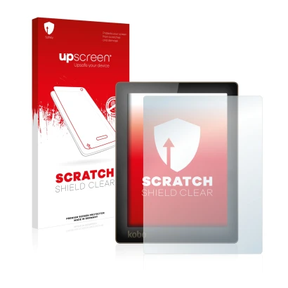 Parte frontal de un envase de producto con el logotipo de la marca upscreen. Al lado se muestra el dispositivo Kobo Aura con s