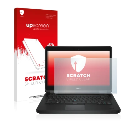 Parte frontal de un envase de producto con el logotipo de la marca upscreen. Al lado se muestra el dispositivo Dell Latitude 1