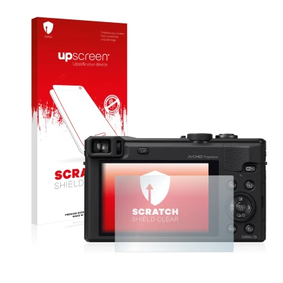 Parte frontal de un envase de producto con el logotipo de la marca upscreen. Al lado se muestra el dispositivo Panasonic Lumix