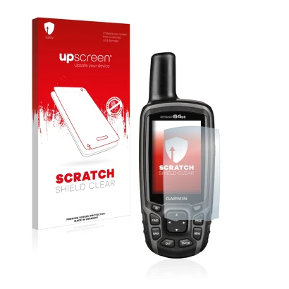 Parte frontal de un envase de producto con el logotipo de la marca upscreen. Al lado se muestra el dispositivo Garmin GPSMAP 6