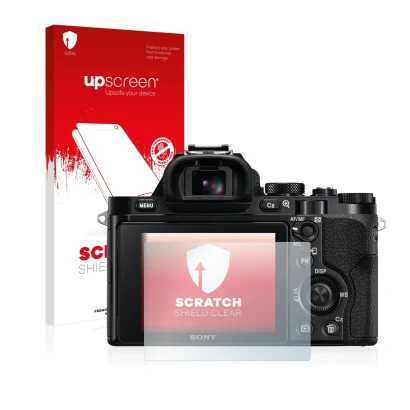 Parte frontal de un envase de producto con el logotipo de la marca upscreen. Al lado se muestra el dispositivo Sony Alpha 7S c
