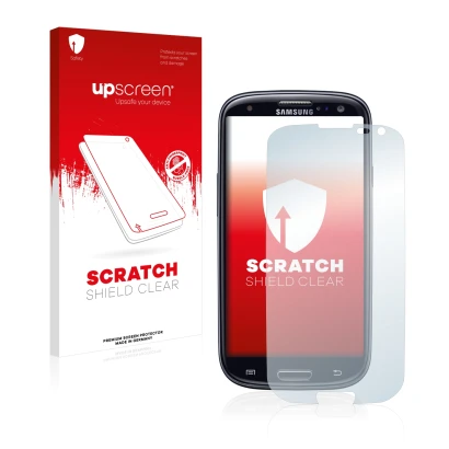 Parte frontal de un envase de producto con el logotipo de la marca upscreen. Al lado se muestra el dispositivo Samsung Galaxy