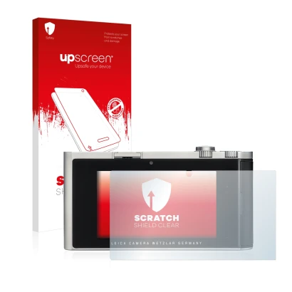 Parte frontal de un envase de producto con el logotipo de la marca upscreen. Al lado se muestra el dispositivo Leica T (Typ 70