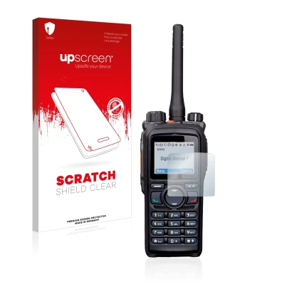 Parte frontal de un envase de producto con el logotipo de la marca upscreen. Al lado se muestra el dispositivo Hytera PD785 co