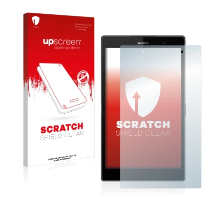 Parte frontal de un envase de producto con el logotipo de la marca upscreen. Al lado se muestra el dispositivo Sony Xperia Z3 