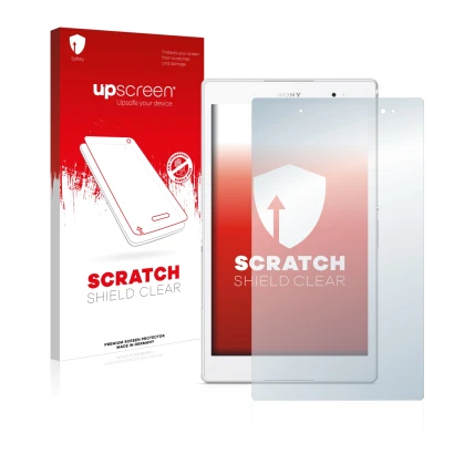 Parte frontal de un envase de producto con el logotipo de la marca upscreen. Al lado se muestra el dispositivo Sony Xperia Z3