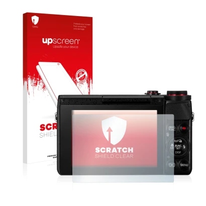 Parte frontal de un envase de producto con el logotipo de la marca upscreen. Al lado se muestra el dispositivo Canon PowerShot