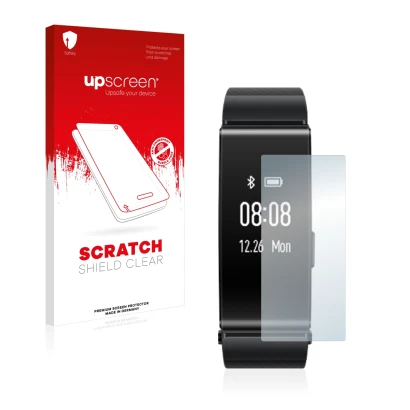 Parte frontal de un envase de producto con el logotipo de la marca upscreen. Al lado se muestra el dispositivo Huawei TalkBand