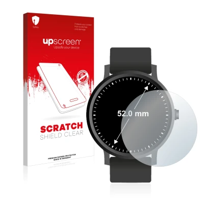 Parte frontal de un envase de producto con el logotipo de la marca upscreen. Al lado se muestra el dispositivo Relojes (Circul
