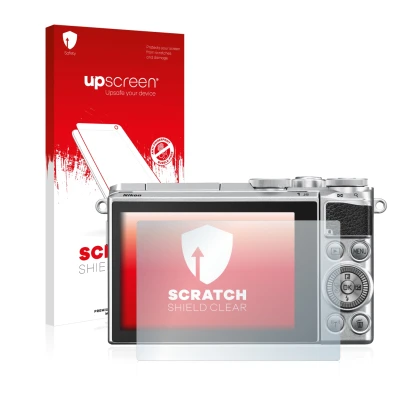 Parte frontal de un envase de producto con el logotipo de la marca upscreen. Al lado se muestra el dispositivo Nikon 1 J5 con 