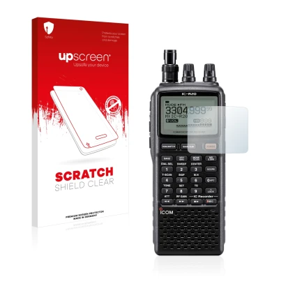 Parte frontal de un envase de producto con el logotipo de la marca upscreen. Al lado se muestra el dispositivo Icom IC-R20 con