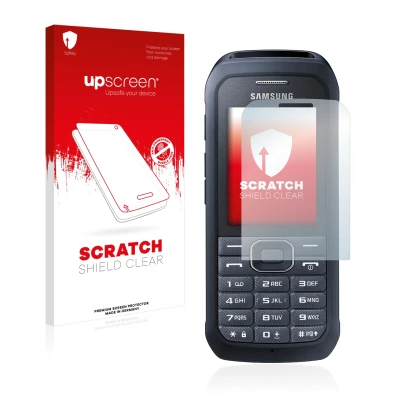 Parte frontal de un envase de producto con el logotipo de la marca upscreen. Al lado se muestra el dispositivo Samsung Xcover