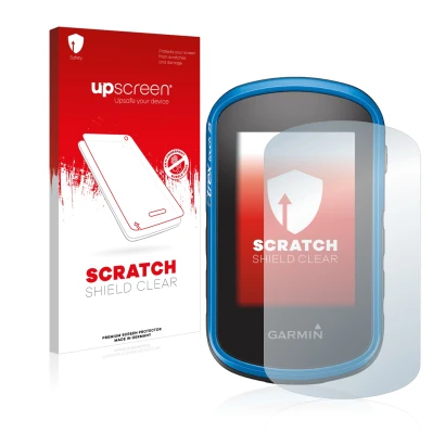 Parte frontal de un envase de producto con el logotipo de la marca upscreen. Al lado se muestra el dispositivo Garmin eTrex To