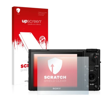 Parte frontal de un envase de producto con el logotipo de la marca upscreen. Al lado se muestra el dispositivo Sony Cyber-Shot