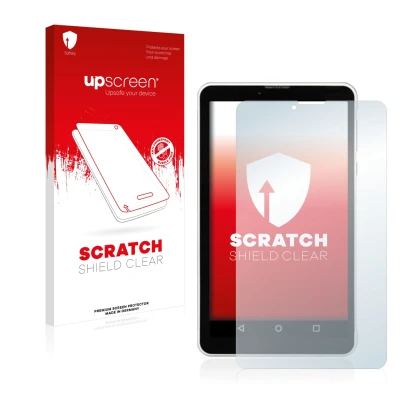 Parte frontal de un envase de producto con el logotipo de la marca upscreen. Al lado se muestra el dispositivo Chuwi Vi7 con s