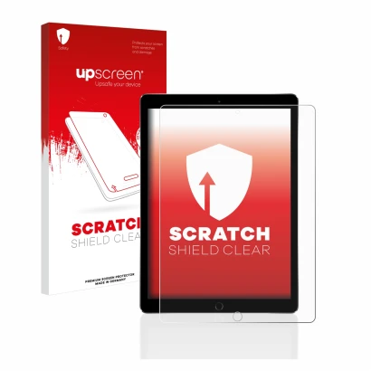 Parte frontal de un envase de producto con el logotipo de la marca upscreen. Al lado se muestra el dispositivo Apple iPad Pro