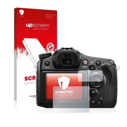Parte frontal de un envase de producto con el logotipo de la marca upscreen. Al lado se muestra el dispositivo Sony Alpha 68 c