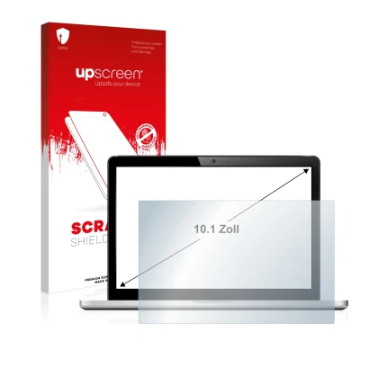 Parte frontal de un envase de producto con el logotipo de la marca upscreen. Al lado se muestra el dispositivo con su protecto