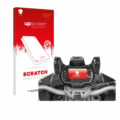 Parte frontal de un envase de producto con el logotipo de la marca upscreen. Al lado se muestra el dispositivo Ducati Multistr