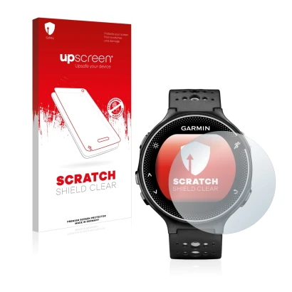 Parte frontal de un envase de producto con el logotipo de la marca upscreen. Al lado se muestra el dispositivo Garmin Forerunn