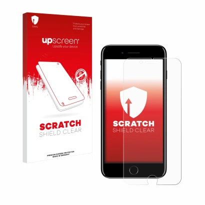 Parte frontal de un envase de producto con el logotipo de la marca upscreen. Al lado se muestra el dispositivo Apple iPhone 7 