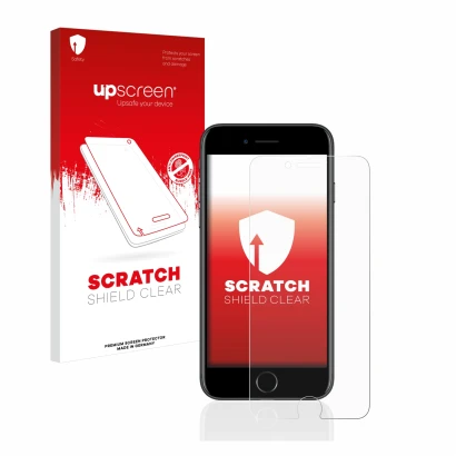 Parte frontal de un envase de producto con el logotipo de la marca upscreen. Al lado se muestra el dispositivo Apple iPhone 7