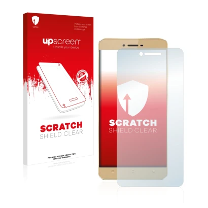 Parte frontal de un envase de producto con el logotipo de la marca upscreen. Al lado se muestra el dispositivo Allview X3 Soul