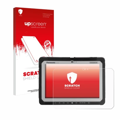 Parte frontal de un envase de producto con el logotipo de la marca upscreen. Al lado se muestra el dispositivo Panasonic Tough