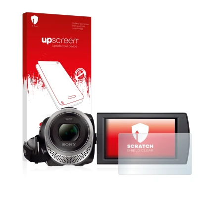 Parte frontal de un envase de producto con el logotipo de la marca upscreen. Al lado se muestra el dispositivo Sony FDR-AX53 c