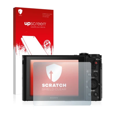 Parte frontal de un envase de producto con el logotipo de la marca upscreen. Al lado se muestra el dispositivo Sony Cyber-Shot