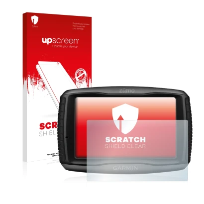 Parte frontal de un envase de producto con el logotipo de la marca upscreen. Al lado se muestra el dispositivo Garmin zumo 595