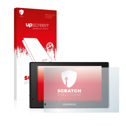 Parte frontal de un envase de producto con el logotipo de la marca upscreen. Al lado se muestra el dispositivo Garmin DriveSma