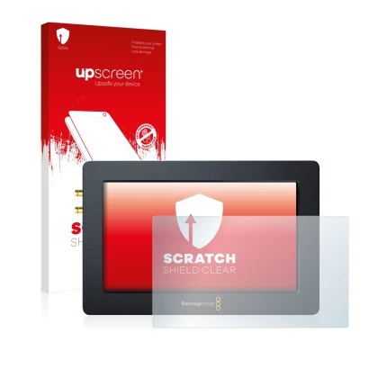 Parte frontal de un envase de producto con el logotipo de la marca upscreen. Al lado se muestra el dispositivo Blackmagic Desi
