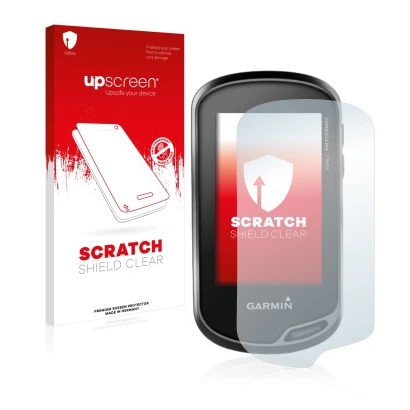 Parte frontal de un envase de producto con el logotipo de la marca upscreen. Al lado se muestra el dispositivo Garmin Oregon 7
