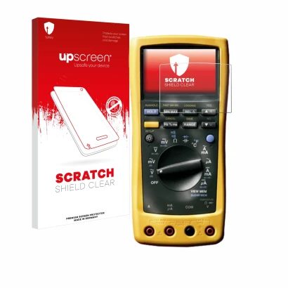Parte frontal de un envase de producto con el logotipo de la marca upscreen. Al lado se muestra el dispositivo Fluke MultiMete