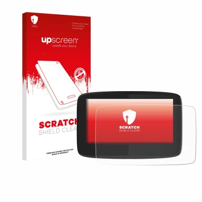 Parte frontal de un envase de producto con el logotipo de la marca upscreen. Al lado se muestra el dispositivo TomTom GO 620 c