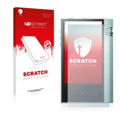 Parte frontal de un envase de producto con el logotipo de la marca upscreen. Al lado se muestra el dispositivo Astell&Kern AK7