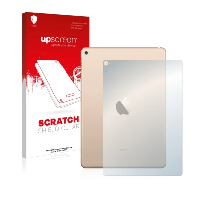 Parte frontal de un envase de producto con el logotipo de la marca upscreen. Al lado se muestra el dispositivo Apple iPad Air 