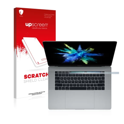 Parte frontal de un envase de producto con el logotipo de la marca upscreen. Al lado se muestra el dispositivo Apple MacBook P