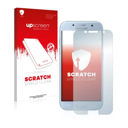 Parte frontal de un envase de producto con el logotipo de la marca upscreen. Al lado se muestra el dispositivo Samsung Galaxy