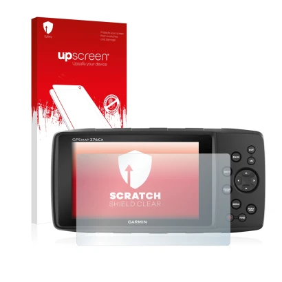 Parte frontal de un envase de producto con el logotipo de la marca upscreen. Al lado se muestra el dispositivo Garmin 276Cx co