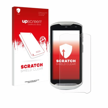 Parte frontal de un envase de producto con el logotipo de la marca upscreen. Al lado se muestra el dispositivo Zebra TC51 con