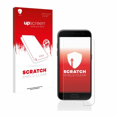 Parte frontal de un envase de producto con el logotipo de la marca upscreen. Al lado se muestra el dispositivo Samsung Galaxy
