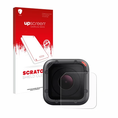 Parte frontal de un envase de producto con el logotipo de la marca upscreen. Al lado se muestra el dispositivo GoPro Hero 5 Se