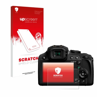 Parte frontal de un envase de producto con el logotipo de la marca upscreen. Al lado se muestra el dispositivo Panasonic Lumix