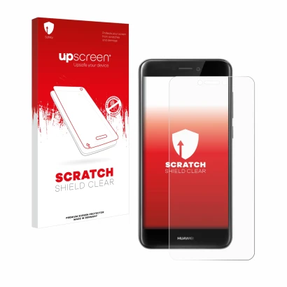 Parte frontal de un envase de producto con el logotipo de la marca upscreen. Al lado se muestra el dispositivo Huawei P8 Lite