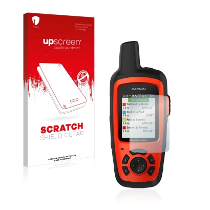 Parte frontal de un envase de producto con el logotipo de la marca upscreen. Al lado se muestra el dispositivo Garmin inReach