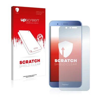 Parte frontal de un envase de producto con el logotipo de la marca upscreen. Al lado se muestra el dispositivo Honor 8 Pro con