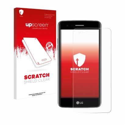 Parte frontal de un envase de producto con el logotipo de la marca upscreen. Al lado se muestra el dispositivo LG K8 2017 con