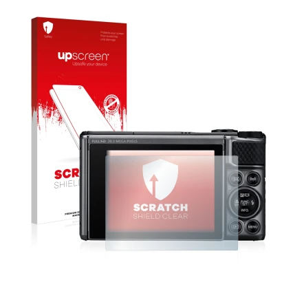 Parte frontal de un envase de producto con el logotipo de la marca upscreen. Al lado se muestra el dispositivo Canon PowerShot